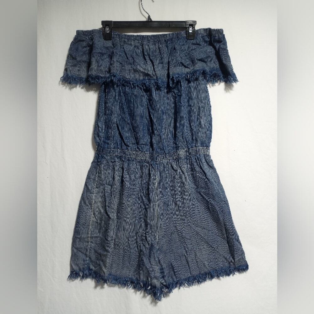 Easel Los Angeles Distressed Off The Shoulder Denim Romper Blue Size Large